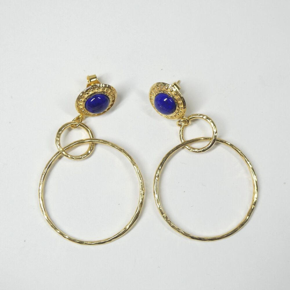 Etrusca 925 Italy Earrings Gold Plated w/Blue Lapis Vintage Large Circles